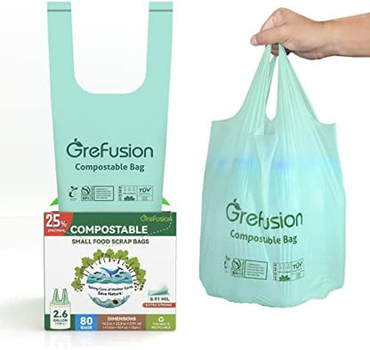 Compostable trash Bags, 2.6 Gallon,Thick 0.91 mils,Compost bin Kitchen,Food Scrap Waste Bags,Small trash bags for compost bin kitchen,Certified by BPI and OK Compost, (80 Count)