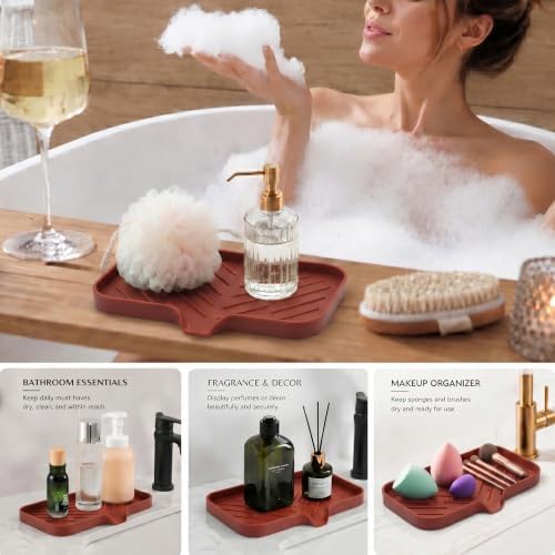 MicoYang Silicone Soap Dish with Drain Spout — Self-Draining Sink Organizer Tray for Bathroom & Kitchen, Sponges, Dispensers & Soap Holder, Non-Slip & Dishwasher Safe, Red (Medium, 9.6"×5.3")