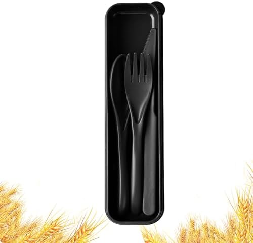 Travel Utensils with Case, Camping Utensil Sets, Wheat Straw Portable Knife Fork Spoons Tableware, Reusable Utensils for Lunch Box (Black)