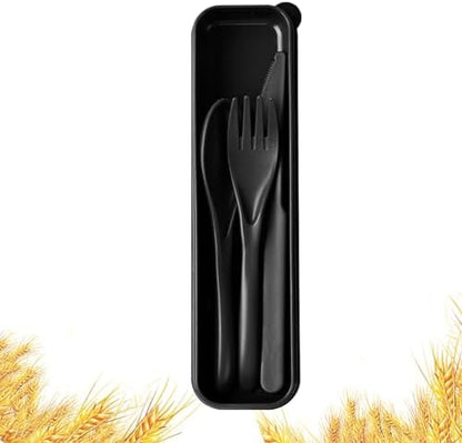 Travel Utensils with Case, Camping Utensil Sets, Wheat Straw Portable Knife Fork Spoons Tableware, Reusable Utensils for Lunch Box (Black)