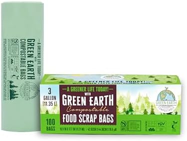 Green Earth Compostable Small Kitchen Food Scrap Trash Bags, Compost Bin Compatible, 3 Gallon, 11.35 Liter, 300-Count, Extra Thick 0.71 Mil, ASTM D6400, BPI (US) & OK Compost Home (EU) Certified