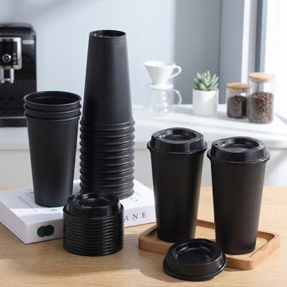 Honeydak 66 Pack 16 oz Reusable Coffee Cups with Lids Water Bottle Iced Coffee Travel Mug Portable Plastic Tea Tumblers Bulk for Hot and Cold Drinks Birthdays Party (Black,Classic)
