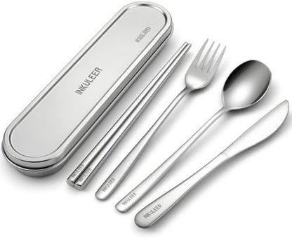 INKULEER Travel Cutlery Set - 18/8 Stainless Steel Reusable Utensils with Metal Case, Portable Silverware for Camping, Office, Travel & Outdoor Dining