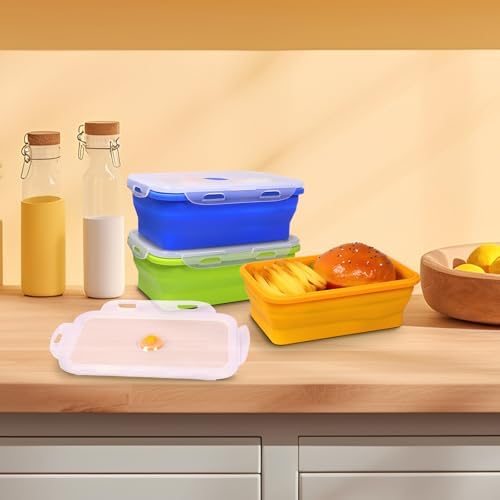 3 Pack Collapsible Silicone Food Storage Containers with Lids, 40.6oz Bento Lunch Boxes, for Kitchen, Office, Camping, Travel, BPA Free