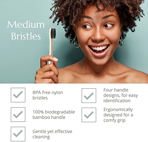 Wild & Stone | Medium Bristle Organic Bamboo Toothbrush | Four Handle Patterns | Medium Fibre Bristles | 100% Biodegradable Handle | Vegan Eco Friendly Bamboo Toothbrushes (Bamboo Green)