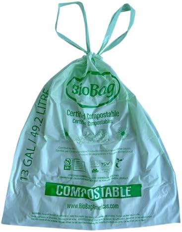 13 Gallon Compostable Drawstring Trash Bags by BioBag, 40 Count, BPI Certified, Meets ASTM D6400 Standards, Easy-Tie Kitchen Liners