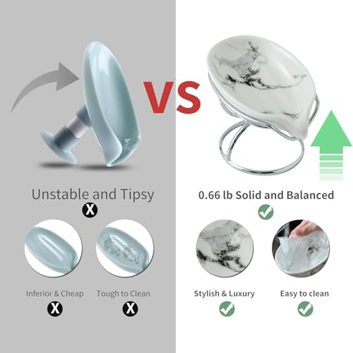 Dobbyby Leaf-Shaped Soap Dish – Premium Ceramic Soap Bar Holder with Self-Drainage System – Bar Soap Holder for Shower, Bathroom Sink, Kitchen – Waterfall Soap Dish with Stainless Steel Stand (SLIVER)