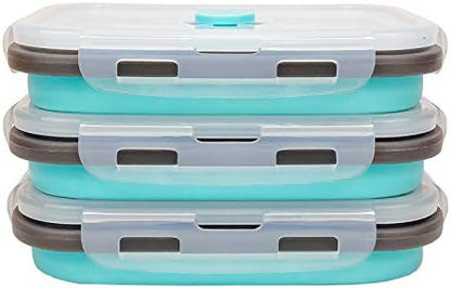 CARTINTS Set of 3 Collapsible Food Storage Containers with Lids, Collapsible Silicone Bowls, Silicone Lunch Containers, For Meal Prep, Camping, Travel, Microwave and Freezer Safe,500ml,Blue