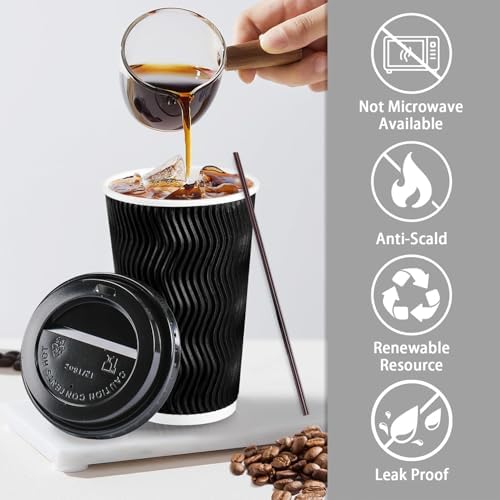 Lamosi 16 oz Disposable Coffee Cups with Lids, 100 Pack Insulated Hot Cups To Go Paper Coffee Cups with Lids and Straws, Corrugated Ripple Wall Cup for Hot Drink, Office, Coffee Bar (Black)