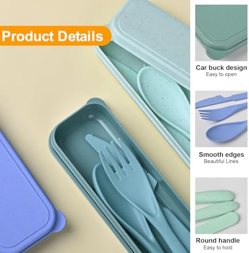 Travel Utensils with Case, 4 Sets Reusable Utensils Set with Case, Wheat Straw Utensils for Lunch Box Accessories, Camping Utensil Set for School Work Lunch or Daily Use