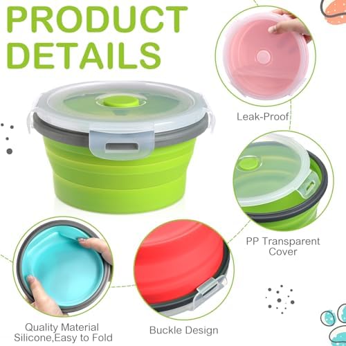Suclain 4 Pcs Collapsible Bowls with Lids Silicone Camping Food Storage Container Expandable Folding Salad Lunch Box Travel Container for Hiking Camping