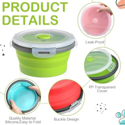 Suclain 4 Pcs Collapsible Bowls with Lids Silicone Camping Food Storage Container Expandable Folding Salad Lunch Box Travel Container for Hiking Camping