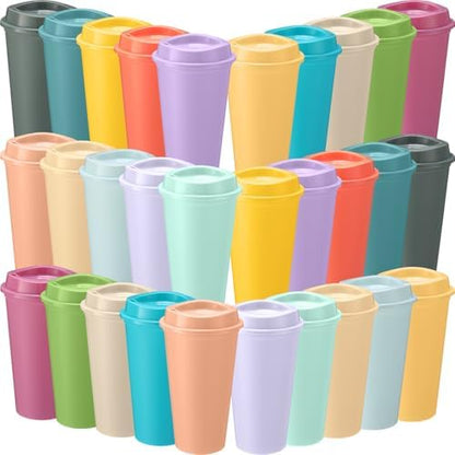 Honeydak 30 Pack 16 oz Reusable Coffee Cups with Lids Water Bottle Iced Coffee Travel Mug Portable Plastic Tea Tumblers Bulk for Hot and Cold Drinks Birthdays Party (Macaron Color,Classic)