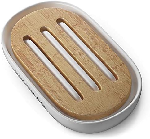 Bossman Natural Bamboo Bathroom Soap Dish w/ Premium Ceramic Base - White