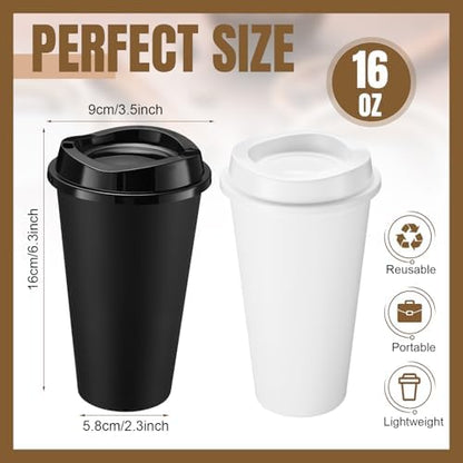 Honeydak 45 Pack 16 oz Reusable Coffee Cups with Lids Water Bottle Iced Coffee Travel Mug Reusable Portable Plastic Tea Tumblers Bulk for Hot and Cold Drinks Birthdays Party(Classic,Black, White)