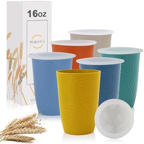 Wrova Wheat Straw Cups with Silicone Covers 16oz Set of 6 - Alternative Plastic Cups Microwave & Dishwasher Safe - Plastic Drinking Cups Unbreakable for Kids