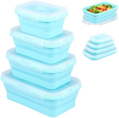 4Pcs Collapsible Silicone Food Container with Lid Heat Resistant Foldable Food Storage Containers Microwave Dishwasher and Freezer Safe 350/500/800/1200 ml for Kitchen Picnic Travel(Sky Blue)