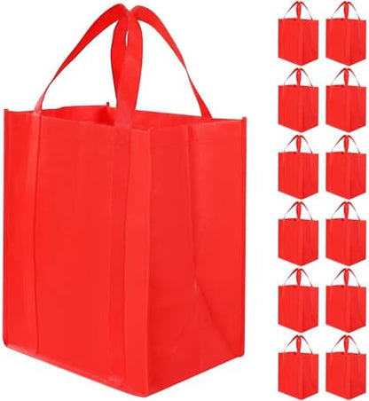 12 Pack Heavy Duty Reusable Grocery Bags - Large Shopping Totes Reinforced Handles, Holds 40 lbs, Foldable and Washable (Red)