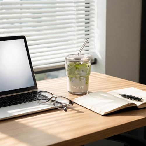 BLUEPOLAR 13oz/400ml Iced Coffee Cups with Lids and Straw，Sealed Carry On Thick Wall Glass Matcha Tumbler for Juice，Water, Late,Tea Fits Car Cup Holders for Office，Gym(Aurora White