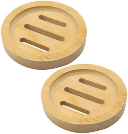 2 Pack Round Bamboo Wooden Soap Dishes, Shampoo Bar Holder with Self Draining Tray, Travel Soap Saver Case for Bathroom Kitchen Sink