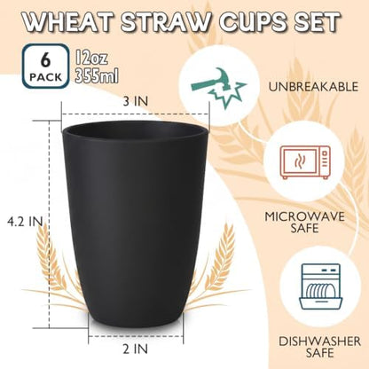 Wrova Wheat Straw Cups 6 PCS Good Alternative to Plastic Reusable Cups 12 oz Unbreakable Drinking Cup Reusable Dishwasher Safe Water Plastic Glasses Black