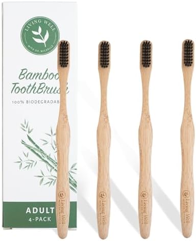 Living Well Dr. Michelle Bamboo Charcoal Toothbrush, Wood Color 4 Pack
