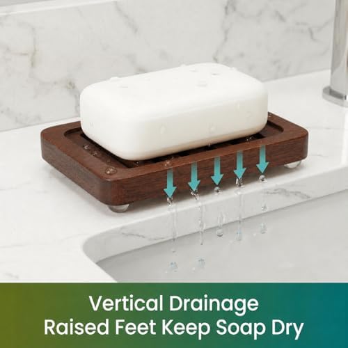 Wooden Soap Dish, Brown Bamboo Self-Draining Bathroom Tray, 2 Pack Slotted Design for Shower, Sink, Kitchen, Bathtub (Black Walnut)