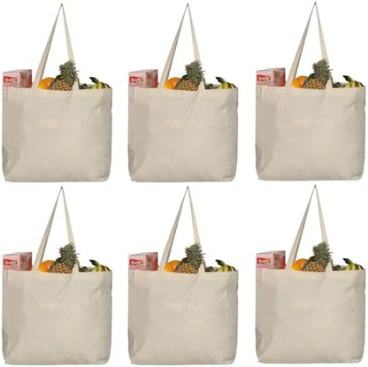 Greenmile 6 Pack Canvas Reusable Grocery Bags - Cotton Canvas Grocery Bag Cloth Shopping Tote With Long Handles Bulk - Heavy Duty Grocery Tote Bag - Large, Foldable and Lightweight - Capacity 40 lbs