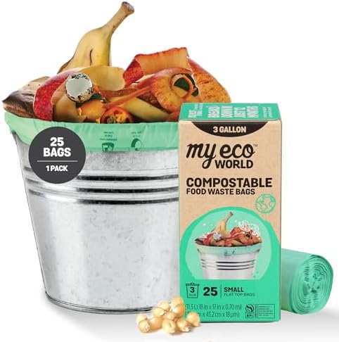 MyEcoWorld® Compostable Kitchen Waste Bags - 25 Count - 100% Certified Compostable - 3 Gallon - Super Strong - Leak Proof - Unscented - Easy to Open