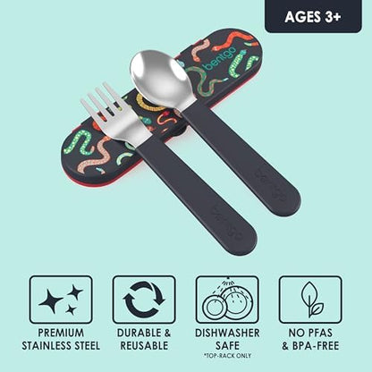 Bentgo Kids Stainless Steel Utensil Set - Reusable Fork, Spoon & Storage Case, PFAS- & BPA-Free, Easy-Grip Handles, Lightweight, Dishwasher Safe, School Lunch, Travel & Outdoors (NEW Sssnakes)