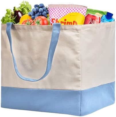 Reusable Grocery Bags Heavy Duty, 8.3 gal Foldable Large Canvas Tote Bag with Handles, Holds 60 lbs Canvas Shopping Bags, 1 Pack（Off White+Light Blue）