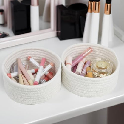 3 Pack Small Woven Cotton Rope Baskets for Organizing, White