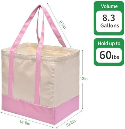 3-Pack Heavy Duty Canvas Reusable Grocery Bags, 8.3 Gal Foldable Large Tote with Handles, Washable Eco-friendly Bags with 5 Pockets, (Pink/Beige)