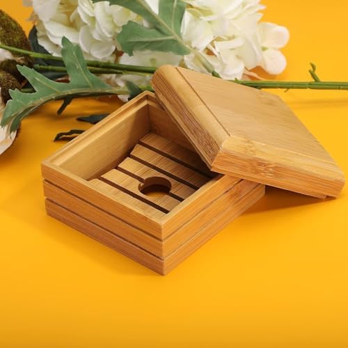 1/2Pcs Bamboo Soap Dish with Lid - Natural Wood Bar Tray Holder Storage Rack Container, Self Draining Soap Tray for Bathroom, Extend Soaps Life and Keep Dry ﻿(1Pcs)