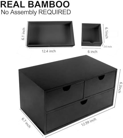 Charmewooden desk organizer with drawers countertop drawer organizer Tabletop Storage Organization Box Home Office Workspace Bathroom Toiletries Supplies (black)