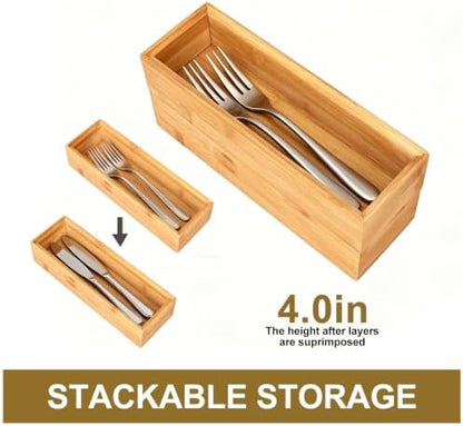 Bamboo Drawer Organizer Set of 2 for Kitchen Drawers, Small Stackable Drawer Organizer for Silverware, Utensils, Cutlery, Flatware, Junk Drawer, Dresser, Bathroom, 9" x 3" x 2"