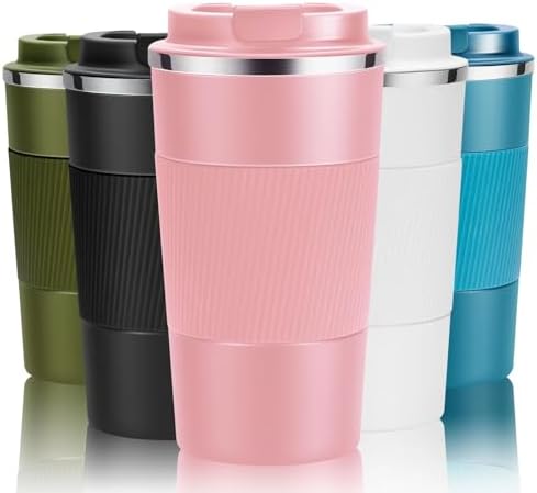 YINJOYI 12oz Travel Coffee Cups Insulated Tumbler Thermal Mug to Go with Lid Leak Proof Reusable Stainless Steel Coffee Mug Spill Proof for Hot and Iced Cold Drinks (Pink, 380ml)