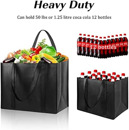 LadyRosian 10 Pack Heavy Duty Kitchen Reusable Grocery Bags, Durable XL Shopping Tote with Handle Can Hold 45+lbs, Stands Upright, Foldable & Washable (Black)