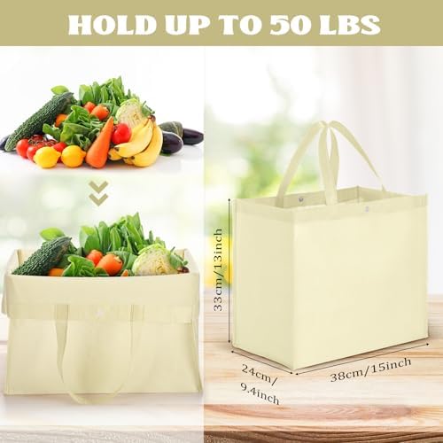 Zhehao 60 Pcs Reusable Grocery Bags Bulk Large Foldable Shopping Tote Bags Non Woven with Handle and Plastic Button(Beige)