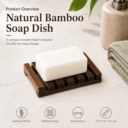 Bamboo Soap Dish for Bar Soap, Raised Wooden Holder with Drain Slots，Carbonized Pine Wood Soap Box