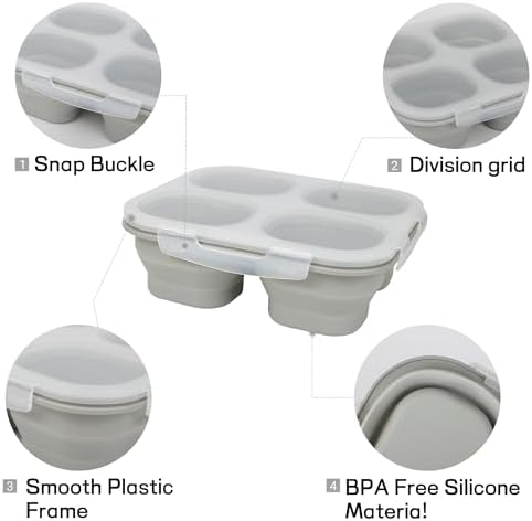 Collapsible Silicone Food Storage Container, 4-Compartment Snack Containers Portion Control with Clip-on Lid, Stackable, Space Saving, Microwave/Fridge/Freezer/Dishwasher Safe (3)