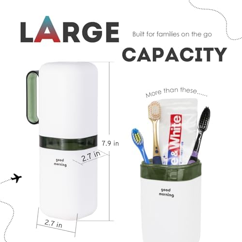 Travel Toothbrush Holder Case,Toothbrush Holder and Rinse Cup with Handle Toothbrush Travel Case, 2 in 1 Toothbrush Cup,Large Capacit Travel Toothbrush Holder with Mouthwash Cup-Green