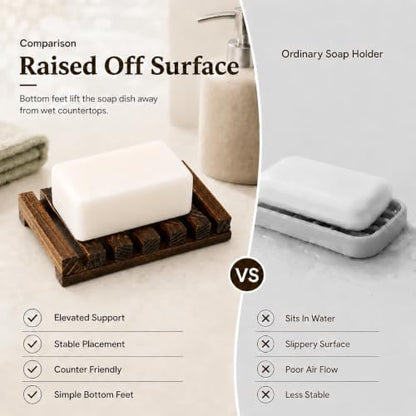 Bamboo Soap Dish for Bar Soap, Raised Wooden Holder with Drain Slots，Carbonized Pine Wood Soap Box