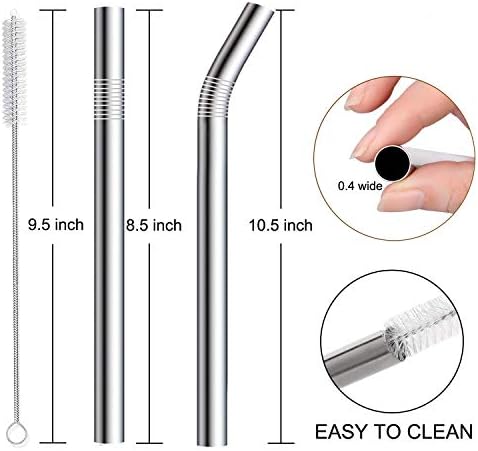 Vinaco 4 Pack 0.4" Wide Bore Reusable Stainless Steel Metal Smoothie Straws