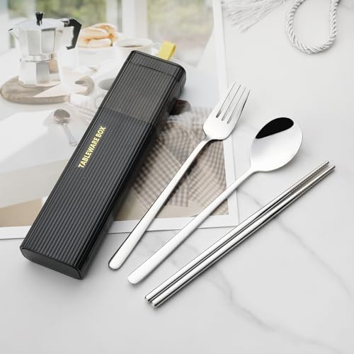 DEVICO Travel Utensils with Case, 4Pcs Korean Chopsticks Fork and Spoon Set