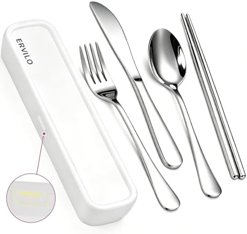 Travel Utensils with Case, Stainless Steel Portable Cutlery Set, Lunch Box Silverware for Work Camping Picnic, Reinforced Case with Snap-Lock Closure, Include Fork Spoon Knife Chopsticks, Silver