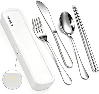 Travel Utensils with Case, Stainless Steel Portable Cutlery Set, Lunch Box Silverware for Work Camping Picnic, Reinforced Case with Snap-Lock Closure, Include Fork Spoon Knife Chopsticks, Silver