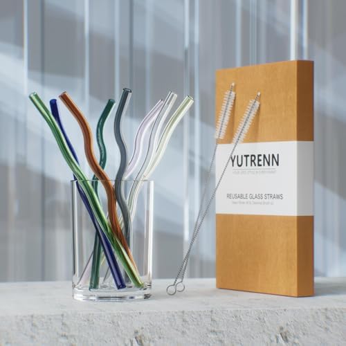 YUTRENN Reusable Glass Straws Sets of 8 Wavy Colorful Drinking Straw with 2 Cleaning Brushes, 8 inches 0.3" Thick Clear Straws High Borosilicate Glass Straw for Tumblers 10 Pack Gift Wrap