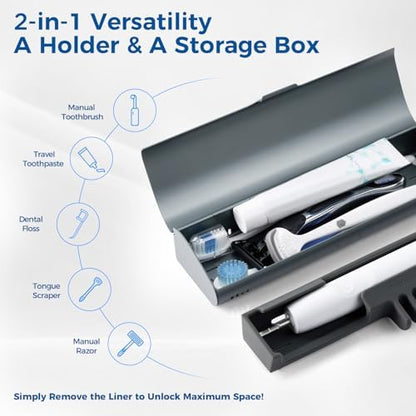 Aluminum Electric Toothbrush Travel Case, 2 in 1 Travel Toothbrush Holder for Oral B/Oral-B Pro 1000 1500 5000 and Most Electric Toothbrush for Traveling, Removable Silicone Liner-Grey