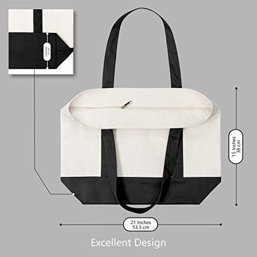 TOPDesign 6-Pack Canvas Tote Bags with an External Pocket, Reusable Grocery Shopping Bags, Top Zipper Closure, Daily Essentials (Black/Natural)